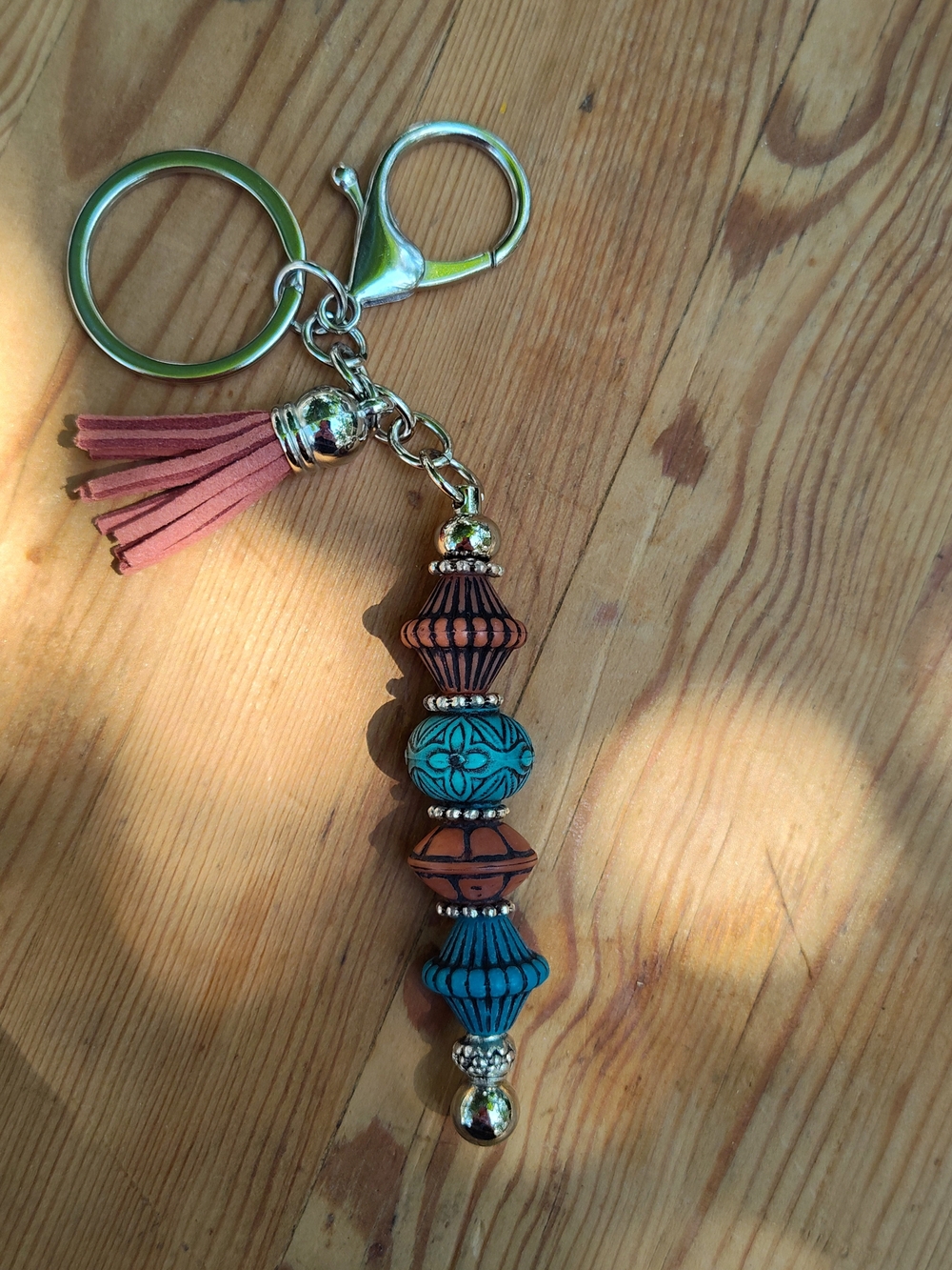 Beaded Tassel Keychain - Teal & Rust